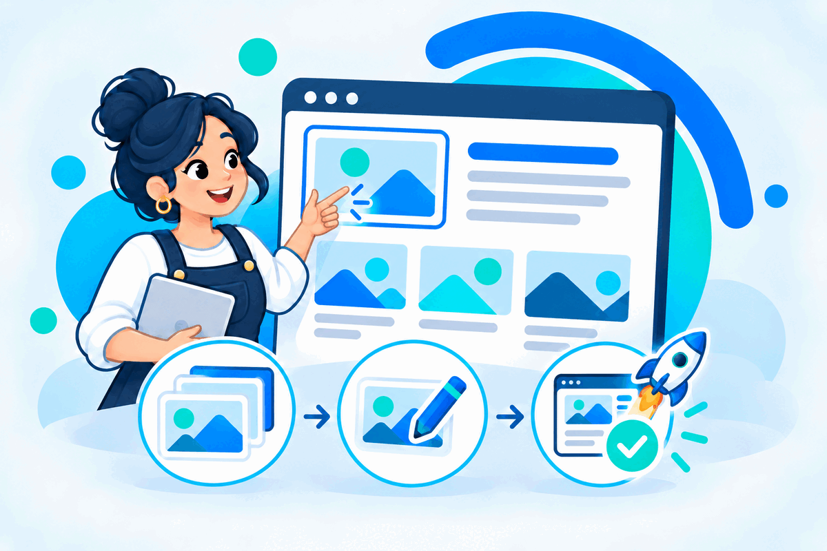 A business owner choosing a layout, editing a content block, and launching her website